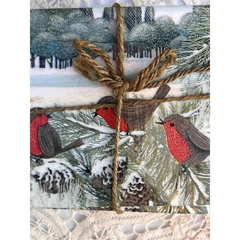 Handmade  Red Robin Coasters Set of 4 Ceramic Tile Coasters Cottagecore